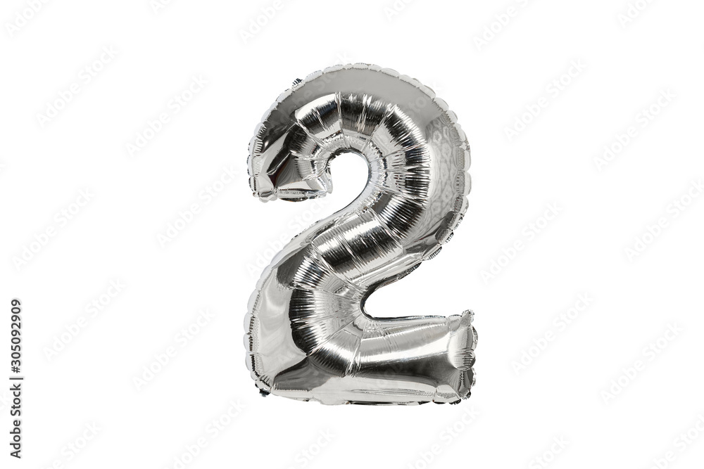 Silver inflatable balloon number two. White background. Isolate Silver inflatable balloon number two. White background. Isolate