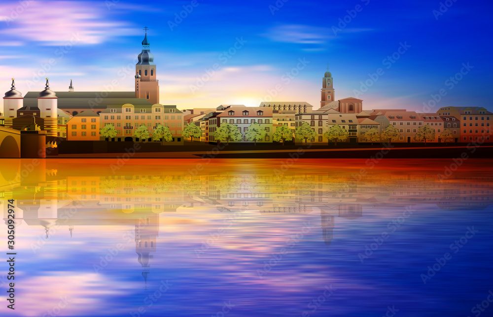 abstract spring sunset background with blue sky and panorama of Heidelberg abstract spring sunset background with blue sky and panorama of Heidelberg