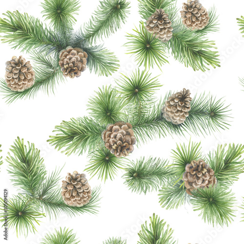 Beautiful pine tree branches with cones. Christmas, New Year holiday decoration. Watercolor painting. Can be used for New Year and Christmas decor, greeting cards, cloth printing, fabric.