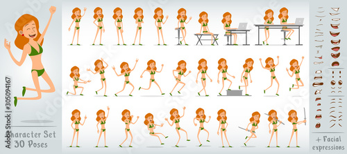 Cartoon flat beach girl Cartoon flat cute funny handsome girl character in green open swimsuit. 30 different poses and face expressions. Isolated on white background. Big vector icon set.