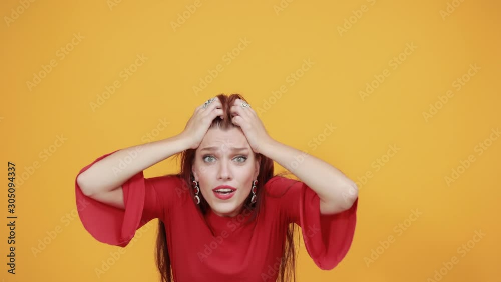 Beautiful lady in red being in shocking situation as she is stressed and mind blown right now. She never expected this and now she is surprised. Beautiful lady in red being in shocking situation as she is stressed and mind blown right now. She never expected this and now she is surprised.