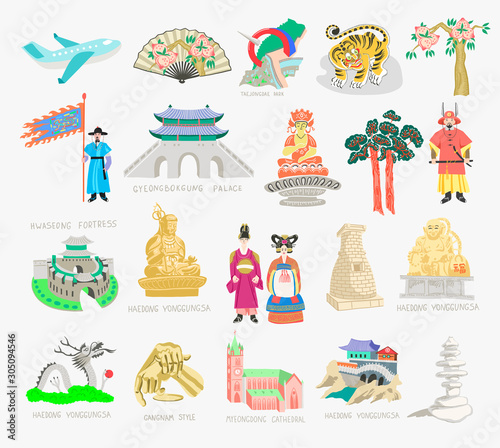 set of doodle vector illustration - sights of South Korea travel collection