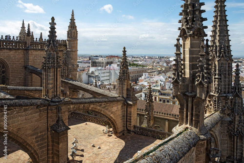 Seville cathedral decorations close view from the cathedral roof