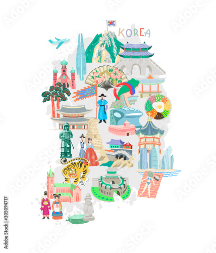 South Korea map with iconic historic and famous landmarks
