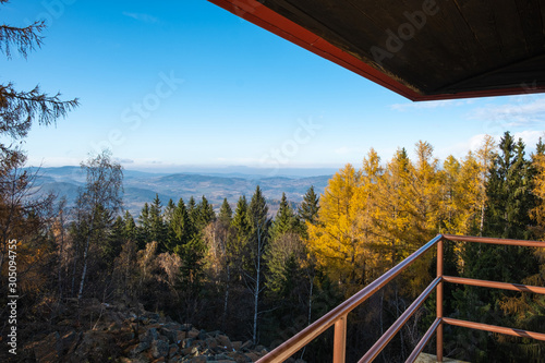 View from the observation tower on the top of Ma  sk   Vrch near Vimperk  Czech Republic