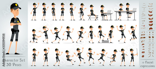 Cartoon flat cute funny police boy character in black uniform and cap with golden star badge. 30 different poses and face expressions. Isolated on white background. Big vector icon set.