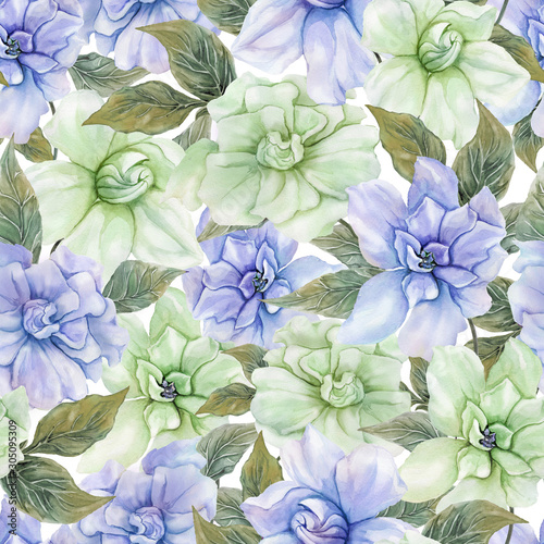 Beautiful gardenia flowers with leaves in seamless floral pattern. Pastel col...