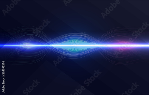 Voice recognition, equalizer, audio recorder. Microphone button with sound wave. Symbol of intelligent technology.   Hi-tech AI assistant voice, background wave flow, equalizer. Vector illustration