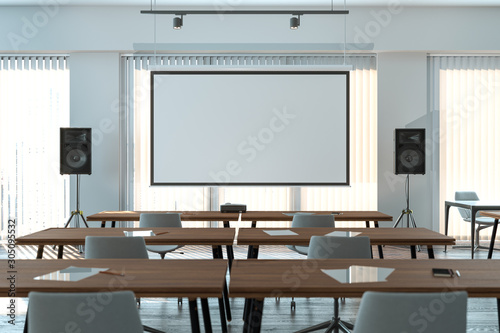 Projector screen canvas in modern conference room with big windows. 3d rendering. Front view.