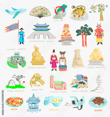 set of 25 doodle vector illustration - sights of South Korea travel collection