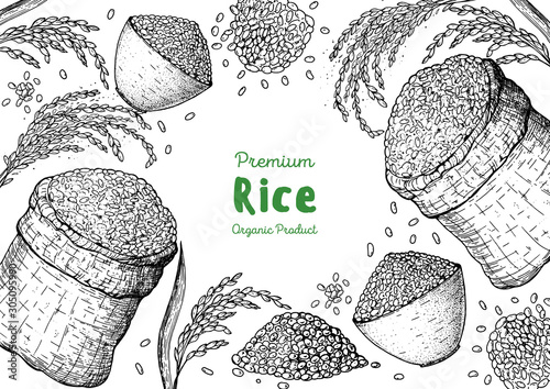 Rice hand drawn vector illustration. Bag of rice sketch. Packaging design