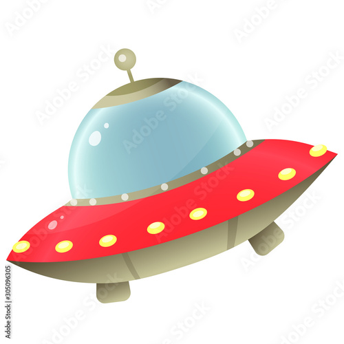 Color image of cartoon flying saucer of aliens on white background. Space. Vector illustration for kids.