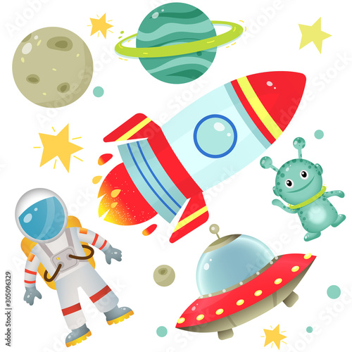 Color images of cartoon astronaut with rocket, of aliens with flying saucer and planets with stars on white background. Space. Vector illustration set for kids.