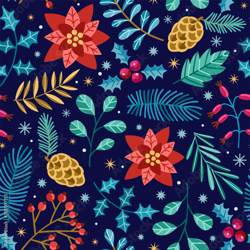 Christmas vector seamless pattern. Winter hand drawn christmas background isolated on black