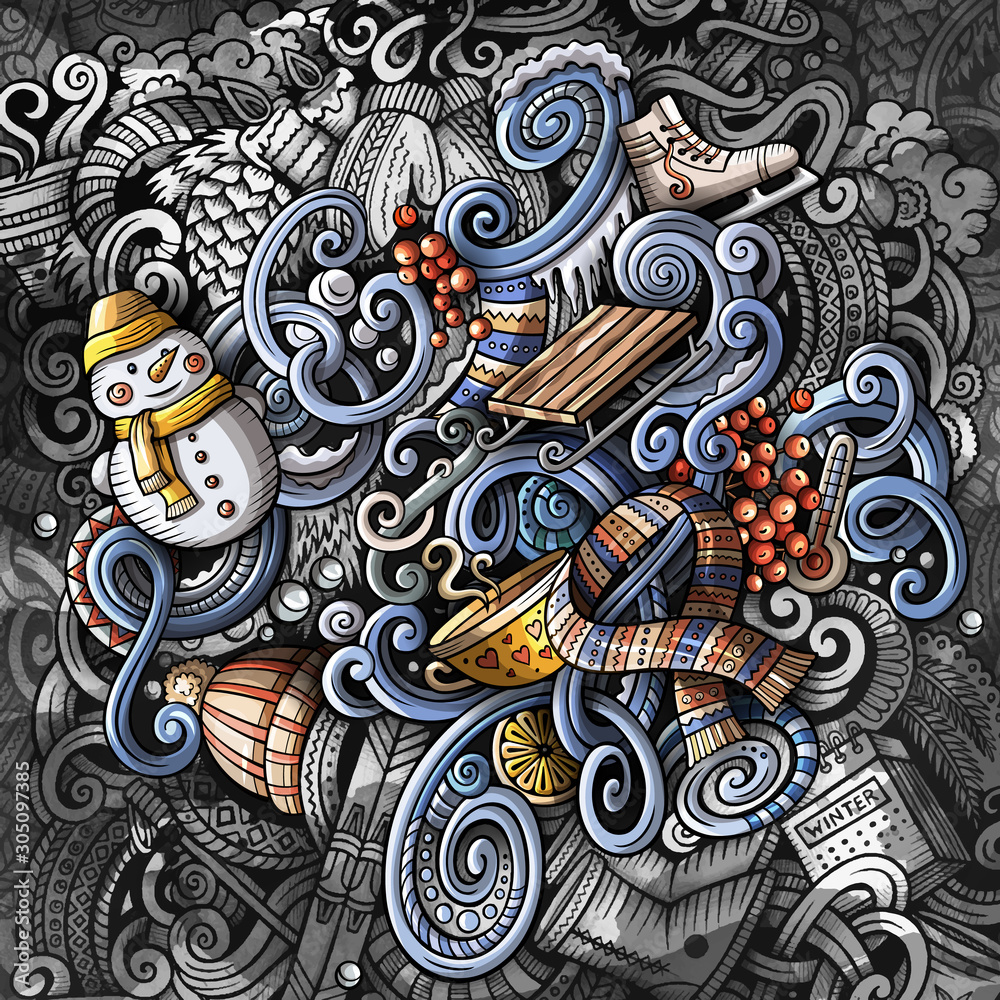 Doodles Winter graphics illustration. Creative cold season art background.