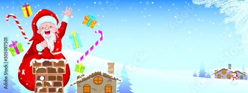 Santa Claus is climbing down the chimney at night on Christmas Day.