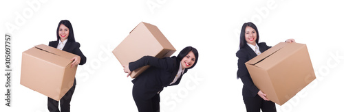 Woman with box on white