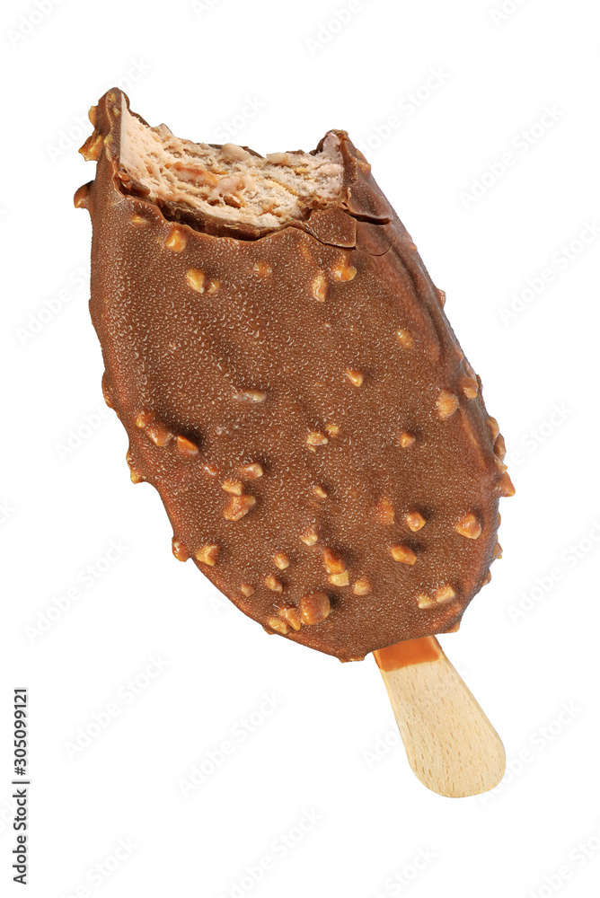Ice cream popsicle with chocolate coating and peanuts isolated Ice cream popsicle with chocolate coating and peanuts isolated