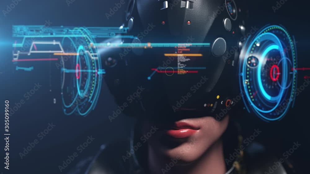 animation. sci-fi woman. woman face in futuristic helmet with hologram display. The man of the future. 