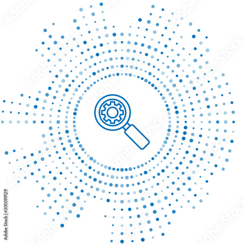 Blue line Magnifying glass and gear icon isolated on white background. Search gear tool. Business analysis symbol. Abstract circle random dots. Vector Illustration