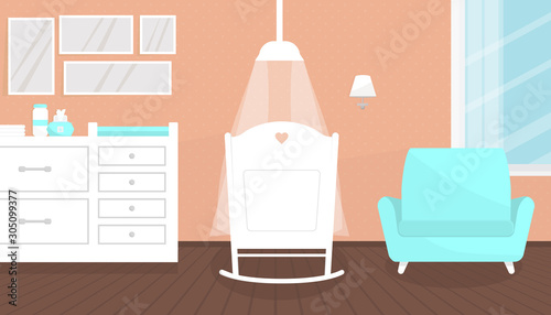 Lovely pink baby room interior with furniture. Crib with baldachin for newborn, changing table, chest of drawers, armchair. Nursery, home design. Flat vector illustration.