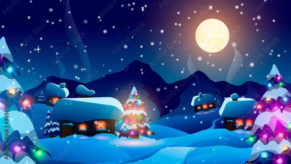 Fototapeta premium christmas night winter vector landscape card background pattern. merry christmas and happy new year!