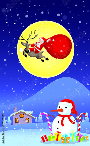 Santa Claus riding deer to fly on the and sky have a full moon is background.