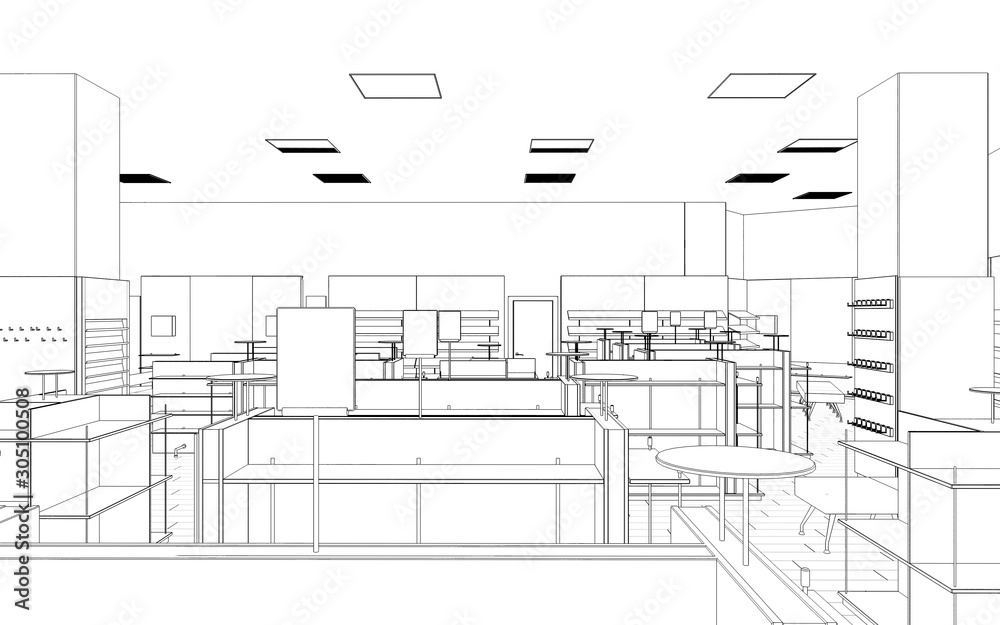 Fototapeta premium shopping mall, contour visualization, 3D illustration, sketch, outline