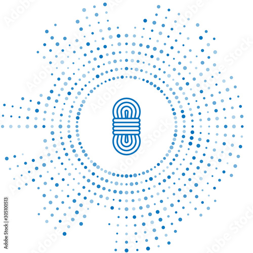 Blue line Climber rope icon isolated on white background. Extreme sport. Sport equipment. Abstract circle random dots. Vector Illustration