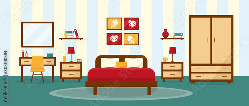 Bedroom interior in flat stile. Cozy room with furniture. Vector illustration.