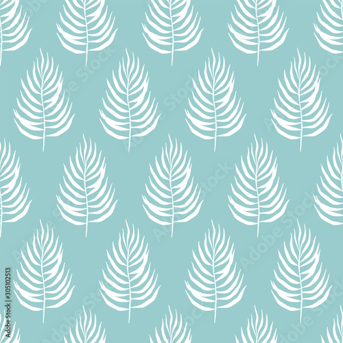 Palm leaves seamless pattern. Turquoise background.