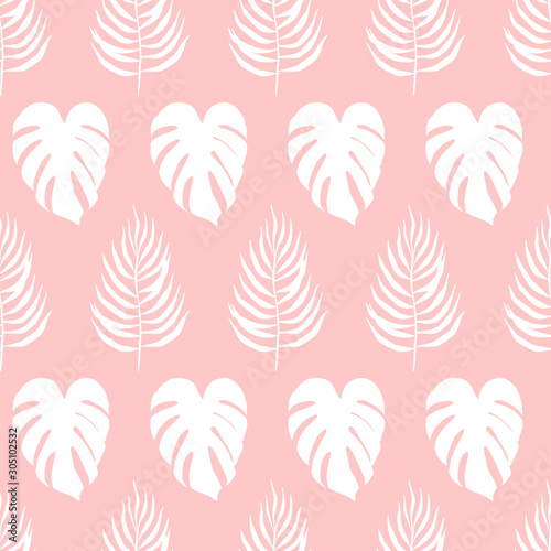 Palm leaves seamless pattern. Pink background.