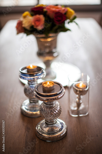candles on wood table