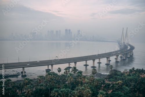 High angle shot of Bandra Worli sealink in Mumbai enveloped with fog photo