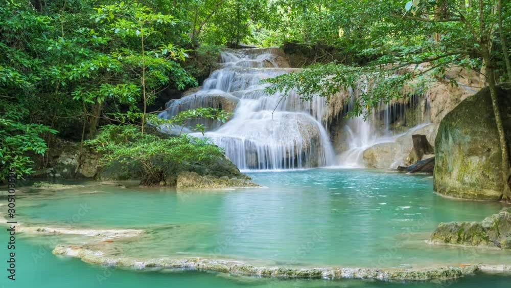 Waterfall level 1, Erawan National Park, Kanchanaburi, Thailand; zoom out - Time-Lapse Waterfall level 1, Erawan National Park, Kanchanaburi, Thailand; zoom out - Time-Lapse