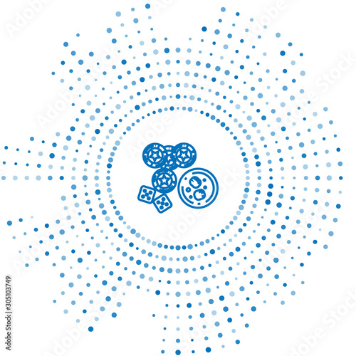 Blue line Casino chips, game dice and glass of whiskey with ice cubes icon isolated on white background. Casino poker. Abstract circle random dots. Vector Illustration