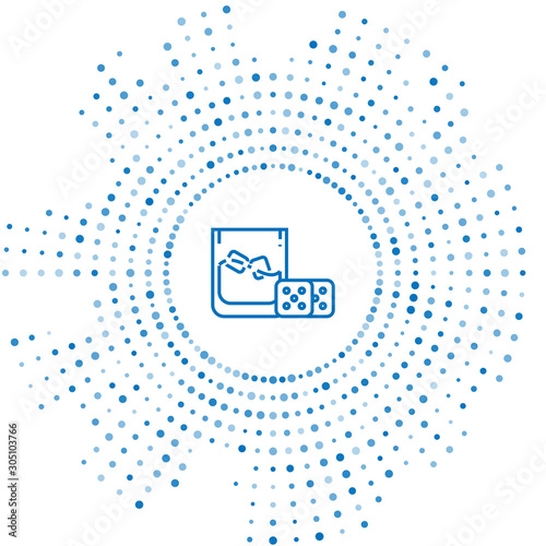 Blue line Game dice and glass of whiskey with ice cubes icon isolated on white background. Casino gambling. Abstract circle random dots. Vector Illustration