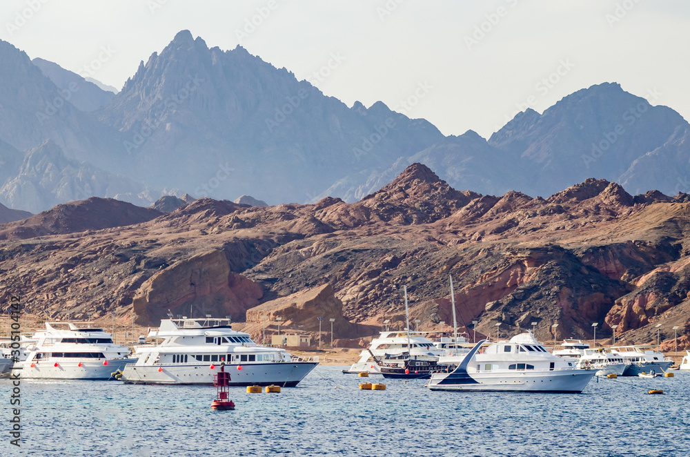 Tourist pleasure boats in the harbor of Sharm El Sheikh.