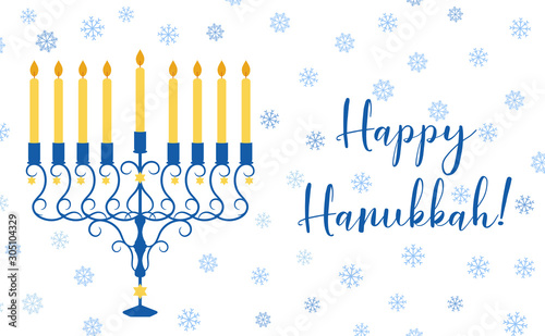 Vector illustration with David star, snowflakes and menorah with candles for Happy Hanukkah holidays. Greeting card or postcard template.