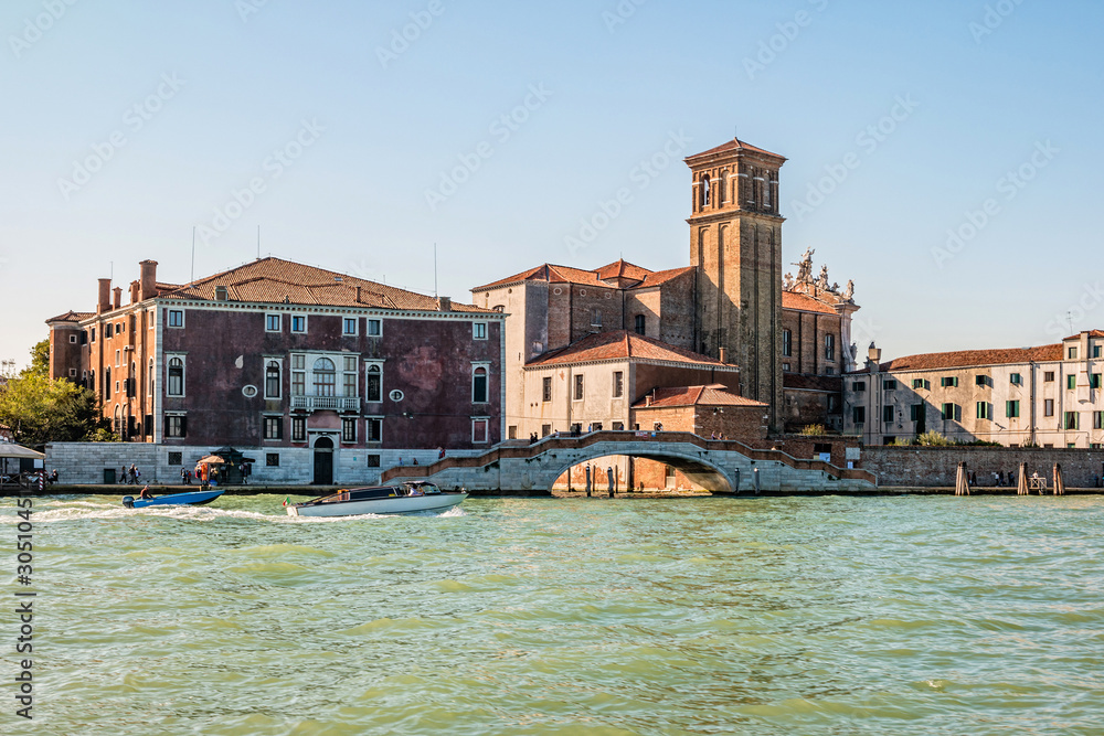 A view of old buildings along the Venetian Canals in the Cannaregio District of Venice