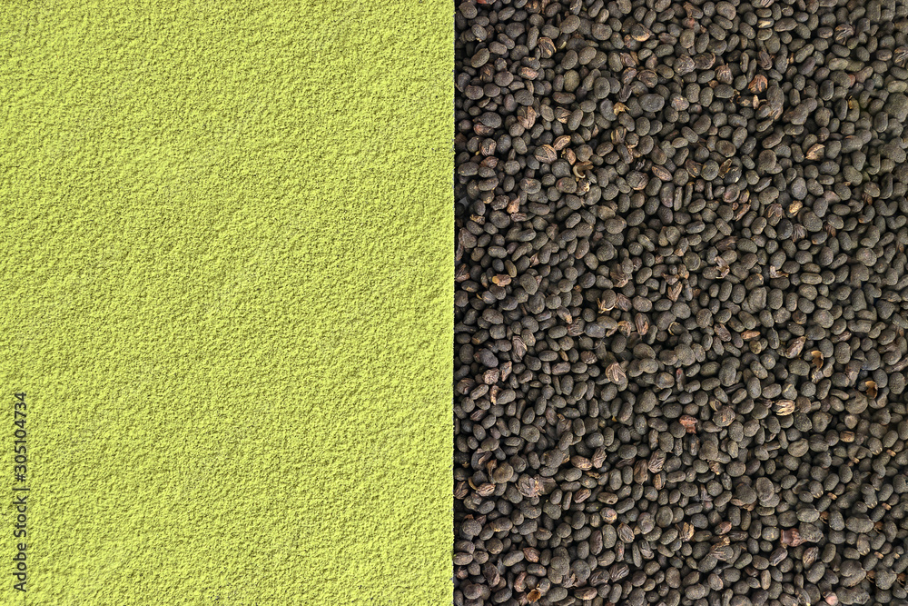 Fototapeta premium Matcha and babchi (Psoralea Corylifolia) seed textures close up view from top. Half screen, flat lay, space for text, design template. Matcha and Bakuchiol in cosmetics concept.