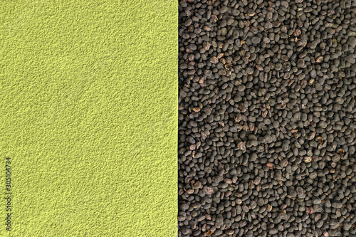 Matcha and babchi (Psoralea Corylifolia) seed textures close up view from top. Half screen, flat lay, space for text, design template. Matcha and Bakuchiol in cosmetics concept. photo