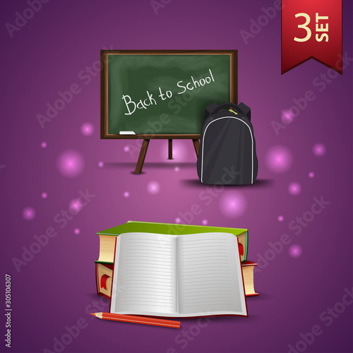 Set of back to school 3D icons, school Board, school backpack, school textbooks and notebook