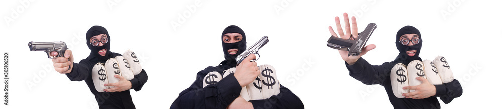 Funny criminal with gun isolated on white Funny criminal with gun isolated on white