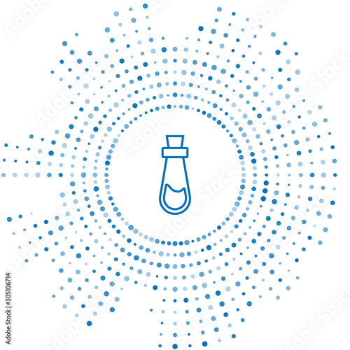 Blue line Bottle with potion icon isolated on white background. Flask with magic potion. Happy Halloween party. Abstract circle random dots. Vector Illustration photo