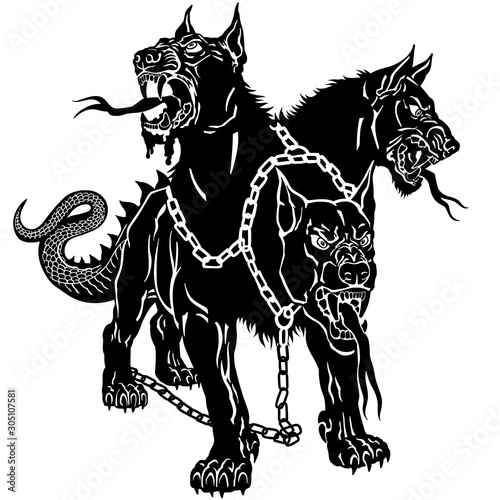 Cerberus hellhound Mythological three headed dog the guard of entrance to hell. Hound of Hades. Isolated tattoo style black and white vector illustration