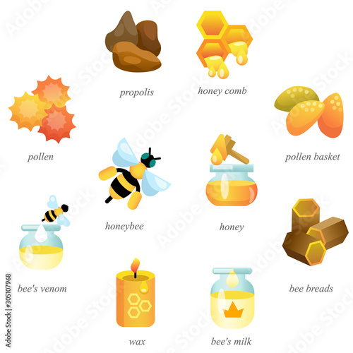 Icons of beekeeping products in 3d style and color