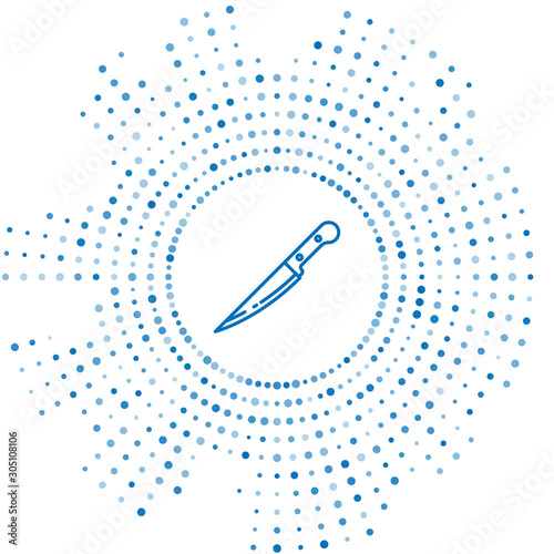 Blue line Knife icon isolated on white background. Cutlery symbol. Abstract circle random dots. Vector Illustration