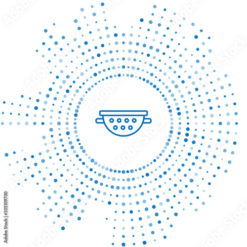 Blue line Kitchen colander icon isolated on white background. Cooking utensil. Cutlery sign. Abstract circle random dots. Vector Illustration