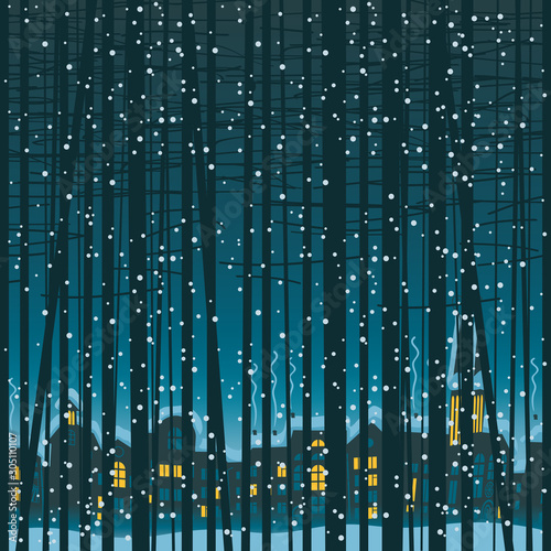 Vector seamless pattern with young trees against the town houses. Decorative abstract background with slender trees and night cityscape. Winter landscape with snow-covered park, houses and starry sky.